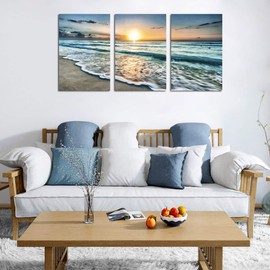 Canvas Wall Art Beach Sunset Ocean Waves Wall Decor 3 Pieces x 16" x 24" Modern Seascape Canvas Artwork Contemporary Nature Pictures Painting Giclee Prints Framed Ready to Hang for Home Decoration