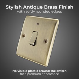 BG Electrical Single Wall Switch with LED Power Indicator, Double Pole, Raised and Slim Profile, Round Edges, Nexus Metal, Antique Brass, 20A, NAB31