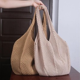 Women Crochet Tote Bag Fashion Knitted Bag Large Capacity Woven Shoulder Bag Solid Color Simple Shopping Bag For Summer Beach - Color: beige