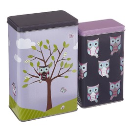 Premier Housewares 507304 Canister Set for Kitchen Rectangular Tea Coffee Storage Jars Set of Two Blue and Pink Owl Design 19 x 9 x 6 -19 x 11 x 7.5