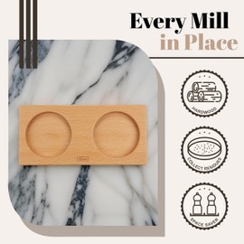 JHuxe Tray for Salt and Pepper, Beech Wood Salt & Pepper Mill Tray, Wooden Salt Pepper Grinder Holder and Rest, Salt & Pepper Mill Set Accessories, Best Trays for Mills Shakers Storage, Sharp Corners