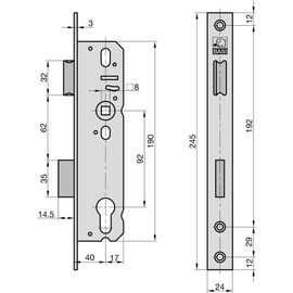 BASI Tubular Frame Lock for Profile Cylinder | Backset 40 mm | Faceplate 24 x 245 mm | Angled | DIN Right/Left | Mortice Lock for Profile Frame Doors | Stainless Steel