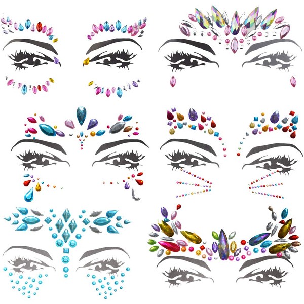 Pack of 6 Jewel Stickers Face Rhinestone Tattoo Body Crystal Glitter Gemstone Face Gemstones Gemstones Face Jewels for Festival Parties Shows Makeup Skin Art (Colourful)