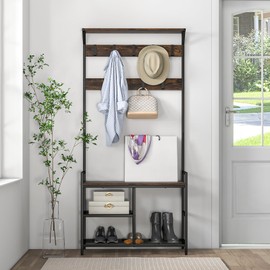 Tangkula Hall Tree with Bench and Shoe Storage, 3-in-1 Industrial Entryway Bench with Coat Rack, 9 Removable Hooks, Heavy Duty Metal Frame, Freestanding Wooden Coat Rack Shoe Bench