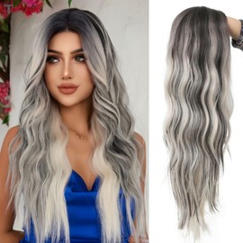 Kaneles Black Mix Blonde Long Wigs for Women Dark Root Loose Curly Wavy Fluffy Hair Wig Middle Part Synthetic Fiber Wig for Daily Cosplay Use