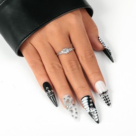 Sethexy Long Stiletto Press on Nails 3D Embossed Design False Nails Crocodile Design Fake Nail Silver Beads Artificial Acrylic Nail Ink Splash Glossy Glue on Nails for Women and Girls 10Pcs