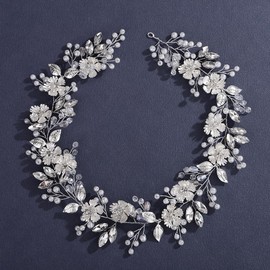 Lenjicons Silver Flower Leaf Wedding Hair Vine Pearls Rhinestone Beads Bridal Headpiece Vintage Flower Leaf Hairpiece Silver Bridal Headband Wedding Hair Accessories for Women