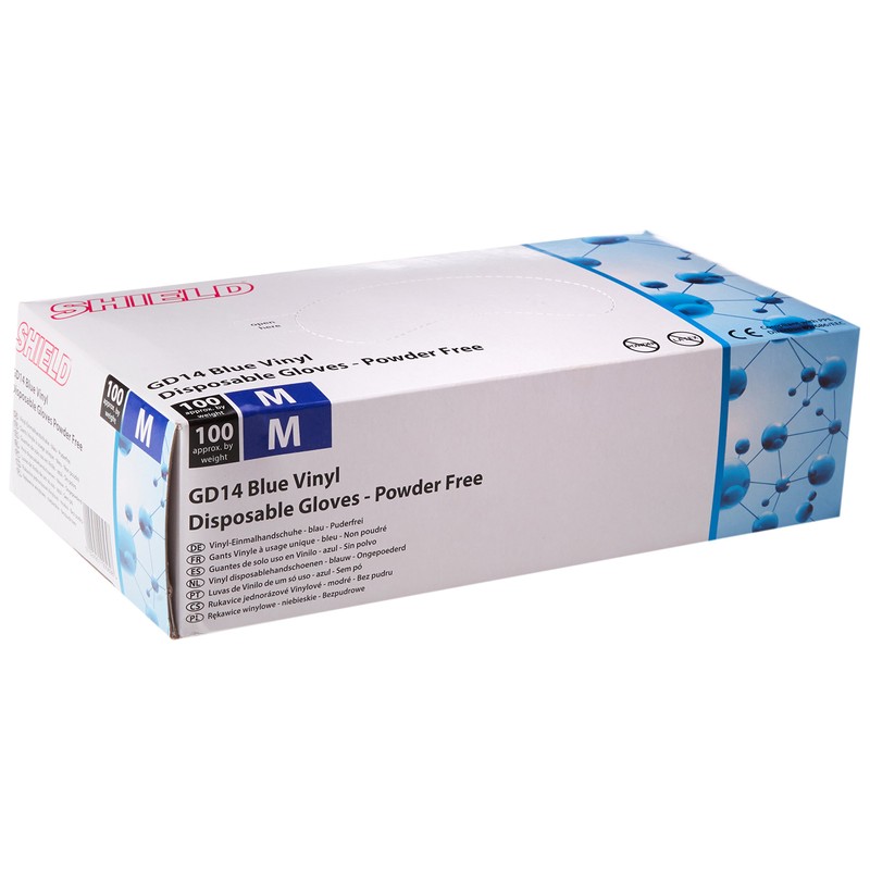 SHIELD HEA00569 Powder-Free Gloves, Vinyl, Medium, Blue (Pack of 100)