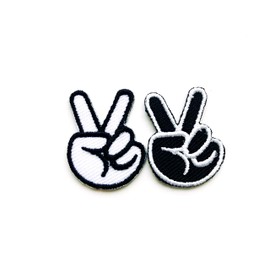 TH Set of 2 Tiny. Mini Two Fingers Peace Sign Black White Biker Motorcycle Sew Iron on Embroidered Applique Badge Sign Patch Clothing