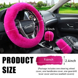 Yourkar 5 PCS Fluffy Steering Wheel Covers Set, Faux Wool Steering Wheel Cover & Handbrake Cover & Gear Shift Cover & 2 Seat Belt Shoulder Pads, Universal Car Accessories (Rose Red)