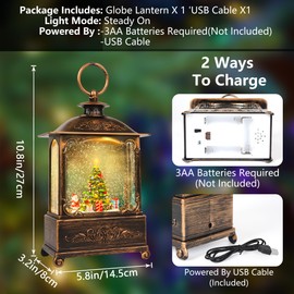 10.8'' Christmas Lighted Water Lantern USB Power Snowing Water Glitters Lighted Singing Snow Globe Lantern Christmas with 6H Timer, Musical LED Lighted Scene for Christmas Home Decoration Gift