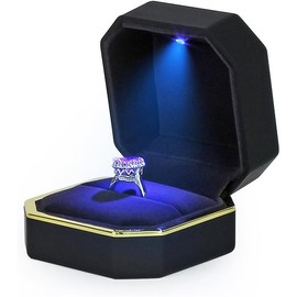Luxury Ring Box, Square Velvet Wedding Ring Case Jewelry Gift Box with LED Light for Proposal Engagement Wedding Organiser - Color: Black