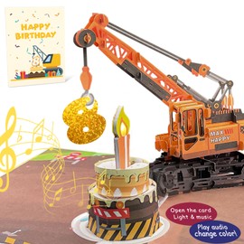 HZYKDWD 8th Birthday Card with Light and Music, Crane Truck Card for Boy, Nephew, Grandson, Son, Toddler, with Envelope, Greeting Card - When Open, She Plays the Hit Happy Birthday