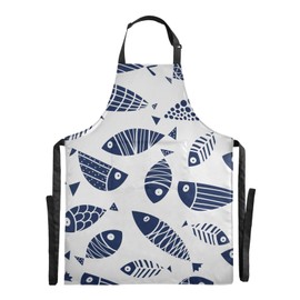 Bolaz Apron with Pockets - Blue Fish Paternal，Waterproof Stain Resistant Women Men Unisex Adjustable Perfect for Kitchen Cooking, Grilling, Baking