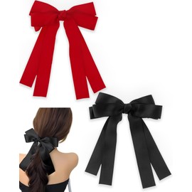 Bow Hair Clips,2 PCS Hair Bows for Women,Big Bowknot Metal Spring Clips with Long Ribbon(Black Red)
