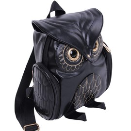 YUHUAWYH Women's PU Leather Backpack Girls Leisure Cartoon Owl Daypack Bag, A Black, Minimalistic