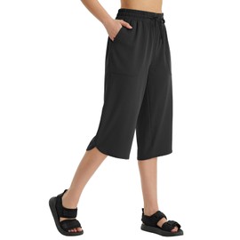 BALEAF Women's Capri Pants Long Shorts Wide Leg Below The Knee Water Resistant Lightweight Quick Dry Breathable UPF 50+ Elastic Waist Casual for Hiking Black 2XL