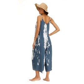 wexcen Jumpsuits for Women Floral Wide Leg Spaghetti Strap Sleeveless Casual Loose Ethnic Long Rompers with Pockets (Blue Grey, L)