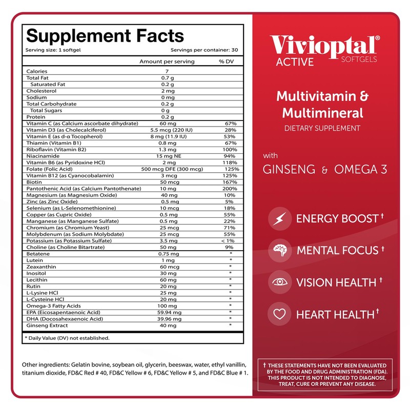 Vivioptal Active, 30 Softgels, Ginseng & Omega 3, Multivitamin &