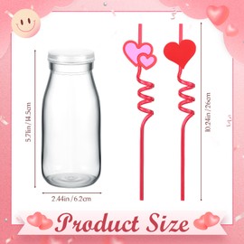 Qinyoung 6 Pack 8.5 oz Valentine Glass Milk Bottles with Lids and Heart Straws Reusable Glass Juice Bottles with Platic Drinking Straws for Valentine's Party Wedding Party Supplies