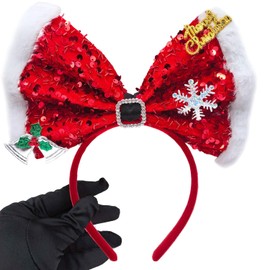 Sparkling Christmas Headband with Red Bow, Silver Bell & Glittering Merry Christmas & Snowflake - Festive Glam Hair Accessory for Women Holiday Party (Red)