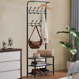 Yaheetech 3-in-1 Coat Rack Shoe Bench, Entryway Hall Tree with 18 Hooks and 3-Tier Shoe Storage Bench, Metal Coat Hat Stand Rod for Hanging Jacket, Easy Assembly, Black