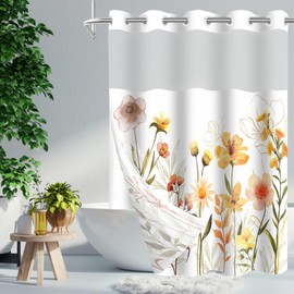 No Hook Floral Shower Curtain with Snap in Liner Set, Wildflower Style with Inner Liner Washable for Bathroom, 71x74 Inches