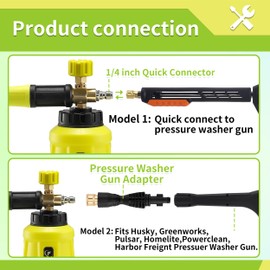 FIXFANS Foam Cannon, Wide Neck Snow Foam Lance with Replacement Adapter for Portland Husky and Ryobi Pressure Washer, Heavy Duty Power Washer Foam Blaster with 1/4 Inch Quick Connector, 5 Nozzle Tips
