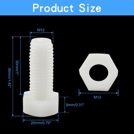 Biaungdo 20 Pair M12 x 30mm Nylon Hex Bolts, White Plastic Hex Bolts Full Thread Hex Head Screws and Nuts Set