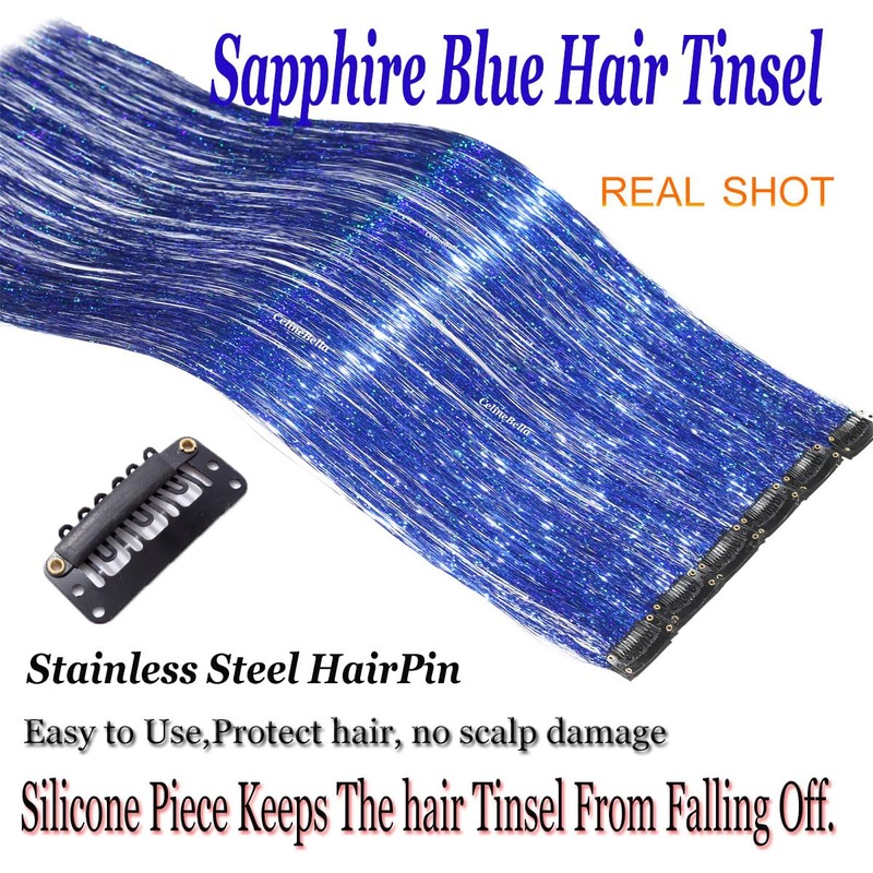 CelineBella Clip In Tinsel Hair Blue Sparkly Hair Strands for