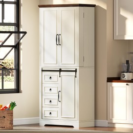YITAHOME 71" Kitchen Pantry, Tall Farmhouse Storage Cabinet with Drawer, Organizer, Barn Doors and Adjustable Shelves for Kitchen, Dining Room, Living Room, Off White