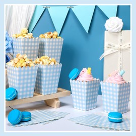 Gueevin 100 Pcs Mini Popcorn Boxes Gingham Blue Popcorn Boxes with Scalloped Small Gingham Blue Party Favor Bulk for Movie Night Decorations Bridal Baby Shower Party Supplies