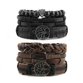 HZMAN HZMAN Genuine Leather Tree of life Bracelets Men Women, Tiger Eye Natural Stone Lava Rock Beads Ethnic Tribal Elastic Bracelets Wristbands (2Pcs)