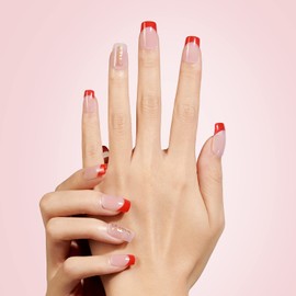 24Pcs Christmas French Tip Press on Nails Medium Christmas Fake Nails Red Square Glossy False Nails Christmas Acrylic Nails, Christmas Artificial Nails Full Cover Stick on Nails for Women DIY Manicure