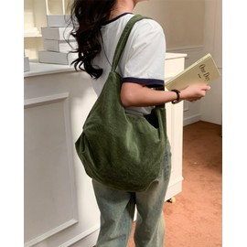 ALUWU Corduroy Tote Bag for Women Zipper Casual Hobo Bags Work Canvas Shoulder Handbags Cute Large Purse Army Green