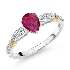 Gem Stone King 1.29 Cttw Red Created Ruby and White Lab Grown Diamond Engagement Ring | 925 Silver and 10K Yellow Gold | Pear Shape 7X5MM and Marquise Cut 5X2.5MM | Available in Size 5,6,7,8,9