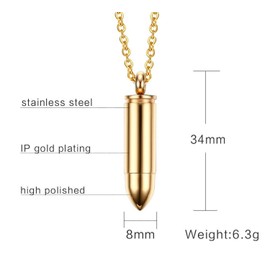 Unisex Mens Stainless Steel Detachable Cremation Urn Bullet Pendant Necklace with Free 22 Inch Chain, Gold Color