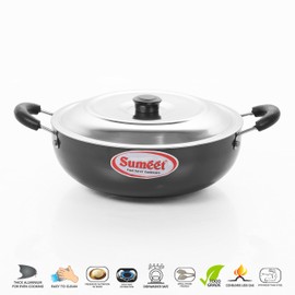 Sumeet 3mm Hard Anodised Deep kadhai with S.S. Lid. No. - 12 22.3cm Dia. 2 L Capacity, Black