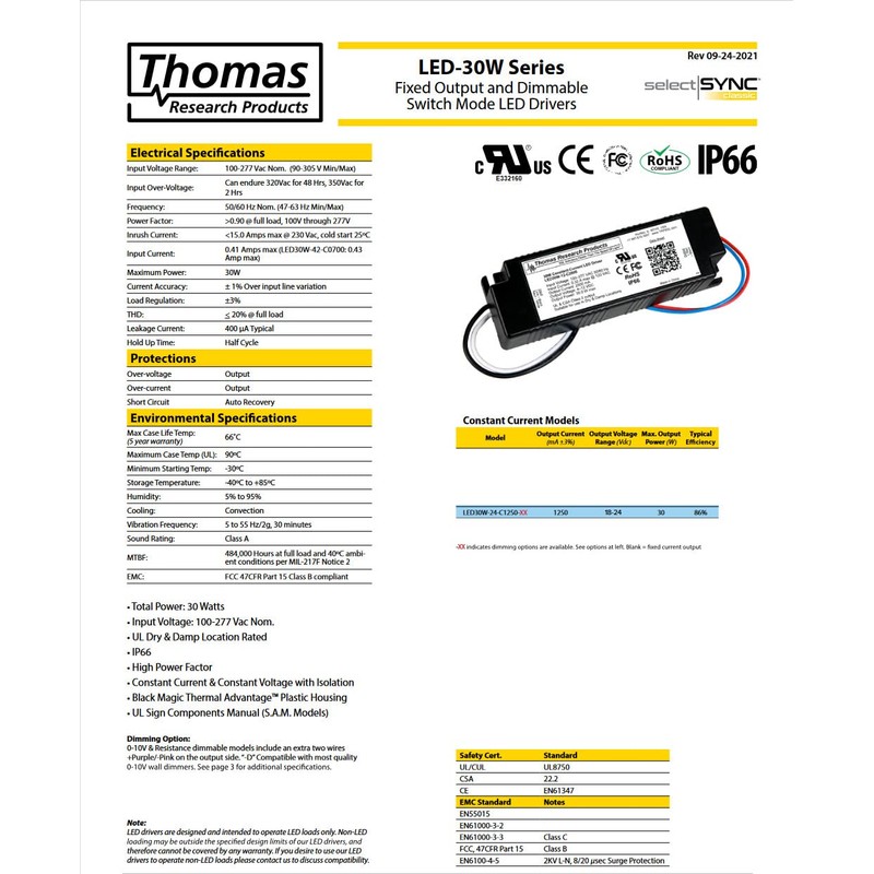 Hubbell Thomas Research Products LED30W-24-C1250-D LED Driver, Constant Current, Dry