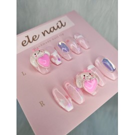 [EL Innail] Pink Ribbon Puppy Ice Parts Handmade Nail Tip - Short Nose Pin / [이엘이네일] 핑크리본강아지 얼음파츠수제네일팁 - 숏코핀