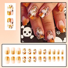 Maple Leaf Press on Nails Short Square Fake Nails Gold Glitter Pumpkin French Tips Glue on Nails Fall Thanksgiving Orange Full Cover False Nails Glossy Artificial Stick on Nails for Women DIY 24Pcs