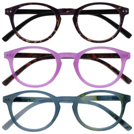 OPULIZE Zen Reading Glasses 3 Pack Cool Round Frame Spring Hinges Scratch Resistant Shiny Dark Brown Pink Turquoise Mens Womens RRR24-24Q +3.00