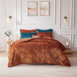 Intelligent Design Queen Duvet Cover Set, Velvet Queen Duvet Set, Luxury Diamond Quilting, Lustrous Duvet Cover, Fluffy Duvet Cover, Decor Pillow & 2 Shams, 4 Pieces, Felicia Full/Queen, Rust