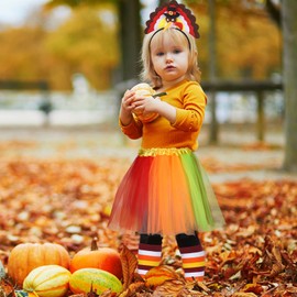 Loopeer 4 Pcs Thanksgiving Turkey Trot Costumes Included Thanksgiving Tutus Skirt Turkey Headband Running High Socks Cosplay Party Accessories