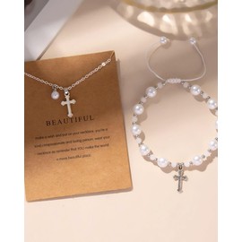 LANWLOSI Pearl Cross Necklace and Bracelet Set for Women Cross Pearl Bracelet Dainty Cross Pendant Necklace Easter First Communion Baptism Confirmation Jewelry Gifts for Daughter Granddaughter