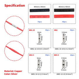 YIXISI 210 Pieces 4 Types Non-Insulated Butt Connectors Kit, Cable Ferrule Cable Crimp Terminal, Cylindrical Butt Connector, with Heat Shrink Tube