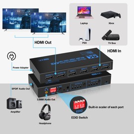 4K@60Hz HDMI Matrix Switch 4X2 with ARC, avedio links 4 in 2 Out Matrix HDMI Video Switcher Splitter + Optical & 3.5mm Stereo Audio, Scaler 4K 1080P Synch, HDM I Audio Extractor with IR Remote Control