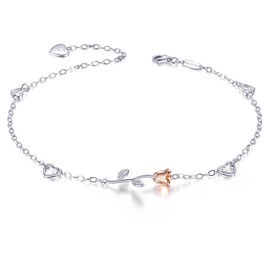Van Chloe Women 925 Sterling Silver Love Rose Flower Anklet White Gold Plated CZ Diamond Ankle Bracelet for Women