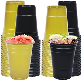 Ahongwenxi 100 Pack 16 oz Plastic Graduation Cups, Black & Gold Disposable Party Cups Bulk, Graduation Shot Cup Drinking Cup for Wedding Birthday & Festive Celebrations