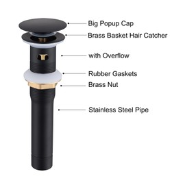 Jincrop Bathroom Sink Drain Matte Black with Overflow, Pop Up Drain Assembly with Detachable Strainer Basket Brass Stainless Steel Drain Plug Kit